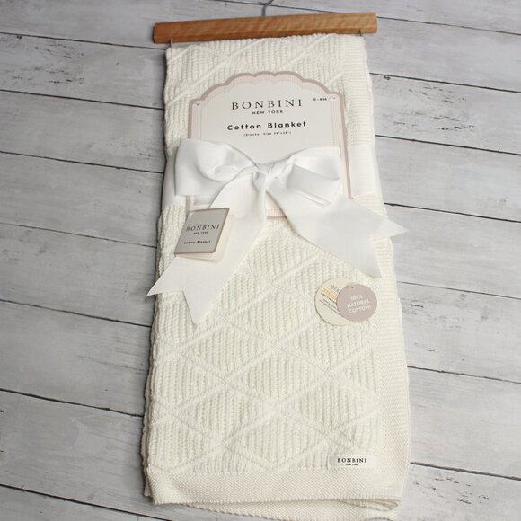 Bonbini Baby Crib Blanket 38 x 28 in Solid White 100% Cotton Knitted - Picture 1 of 4